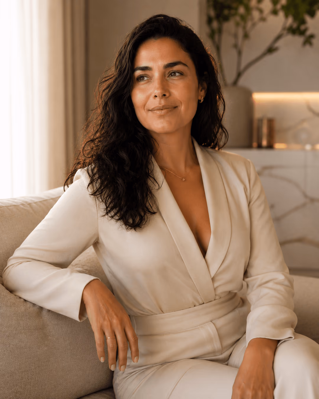 Mulher sentada em um sofá claro, em casa, com expressão tranquila